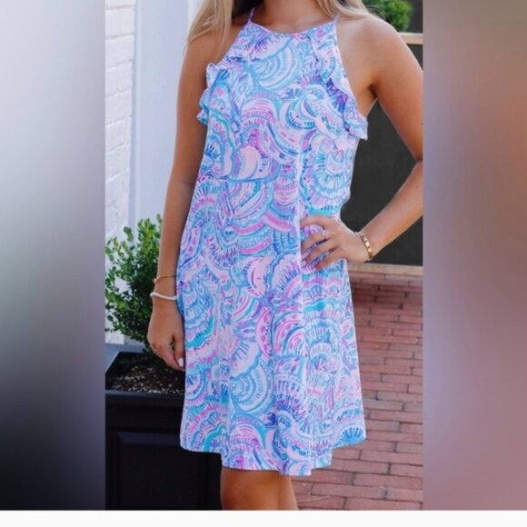 Lilly Pulitzer Billi dress Ruffle Happy As a Clam Sz.XS sleeveless Flowy Blue - Picture 2 of 8